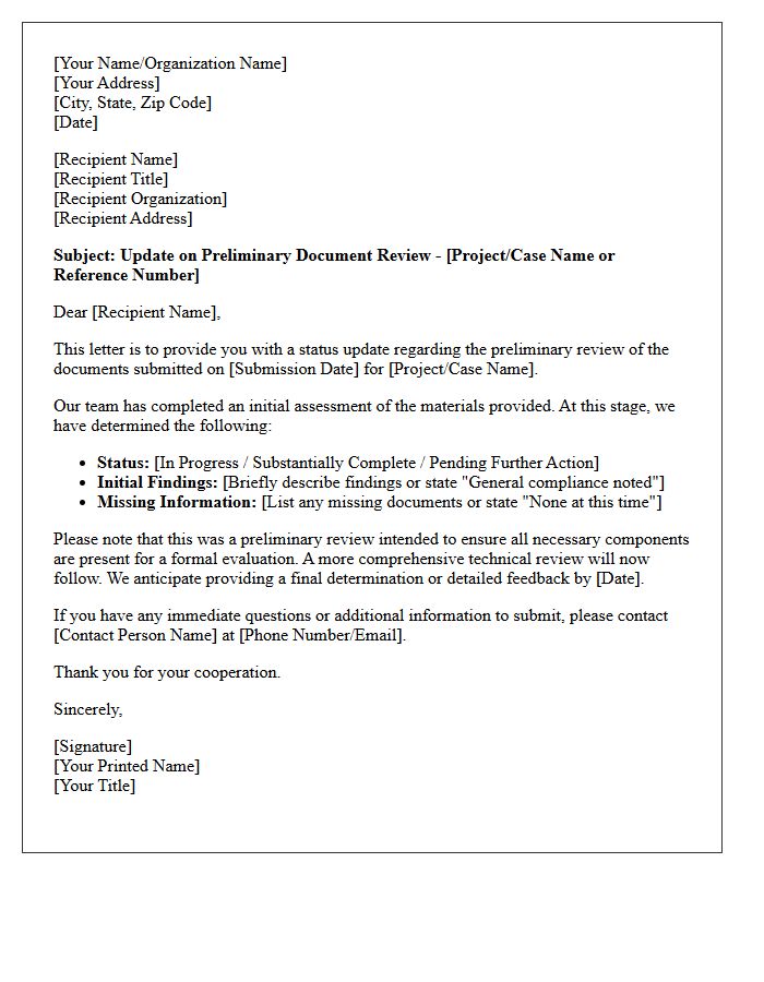 Preliminary Document Review Update Letter