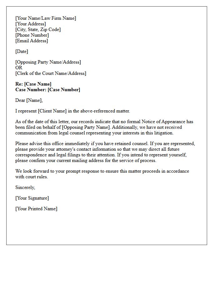 Opposing Counsel Appearance Status Letter