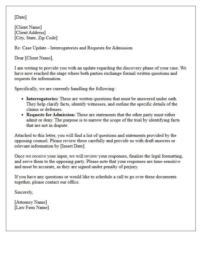 Interrogatories and Admissions Discovery Phase Update Letter