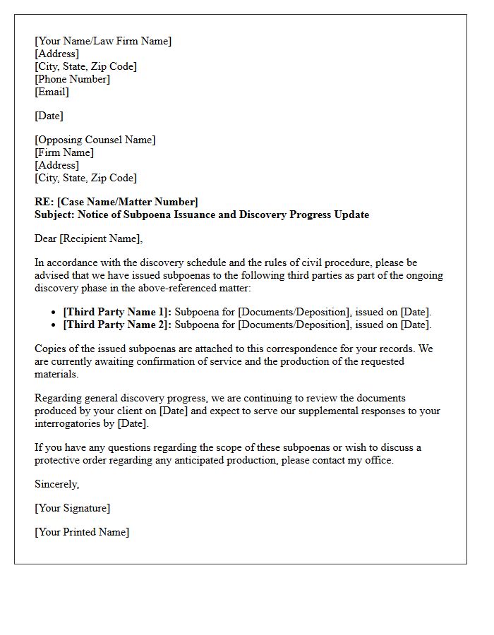 Subpoena Issuance Discovery Phase Progress Letter