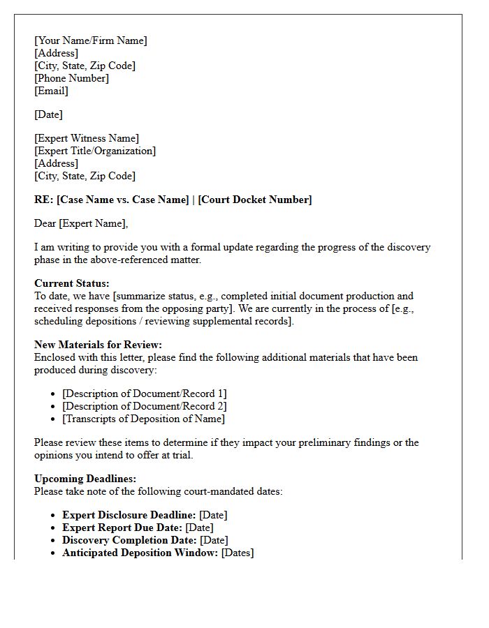Expert Witness Discovery Phase Update Letter