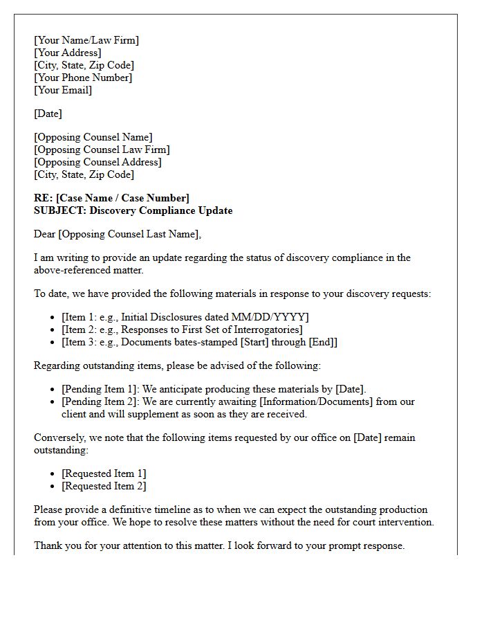 Opposing Counsel Discovery Compliance Update Letter