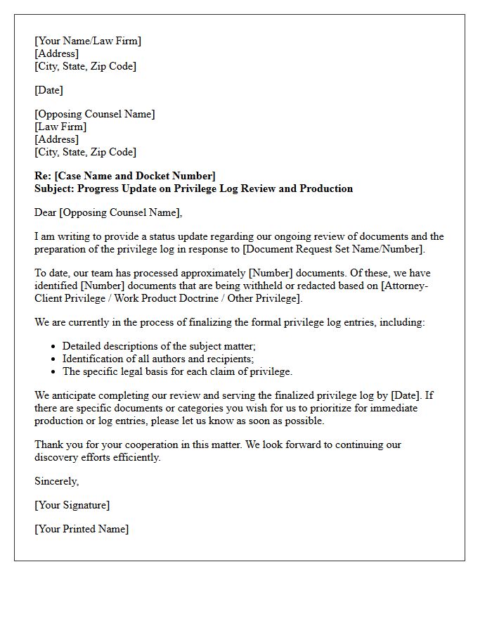 Privilege Log Review Discovery Progress Letter