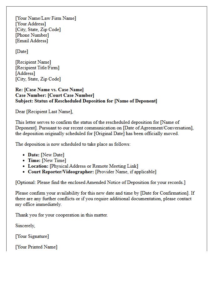 Rescheduled Deposition Status Letter