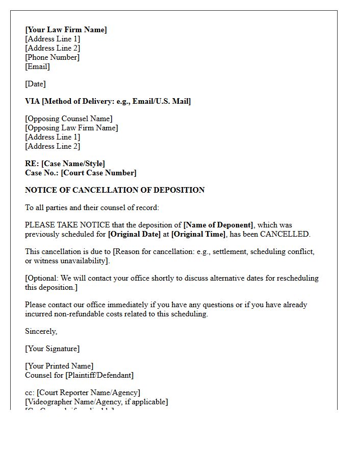 Cancelled Deposition Scheduling Notice Letter