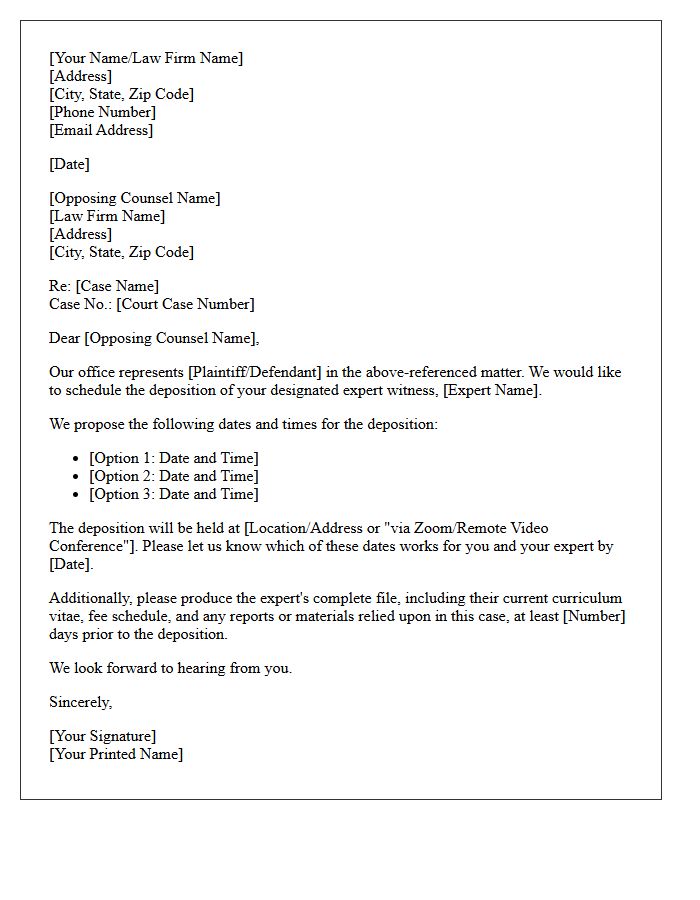 Expert Witness Deposition Scheduling Letter