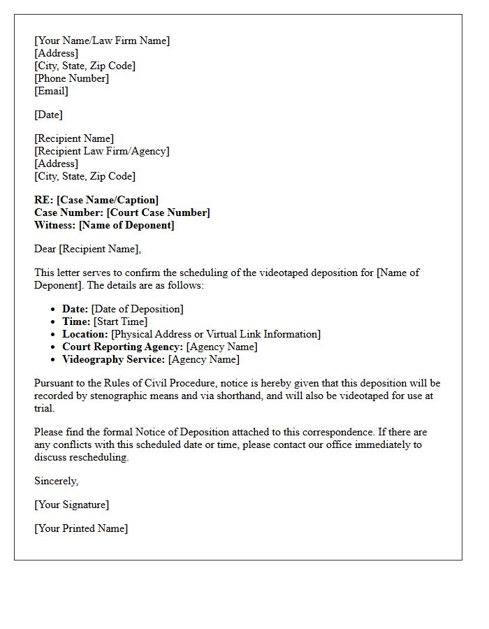 Videotaped Deposition Scheduling Confirmation Letter