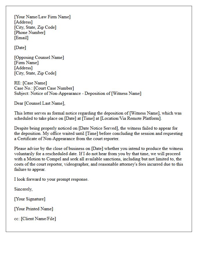 Failure to Appear Deposition Status Letter