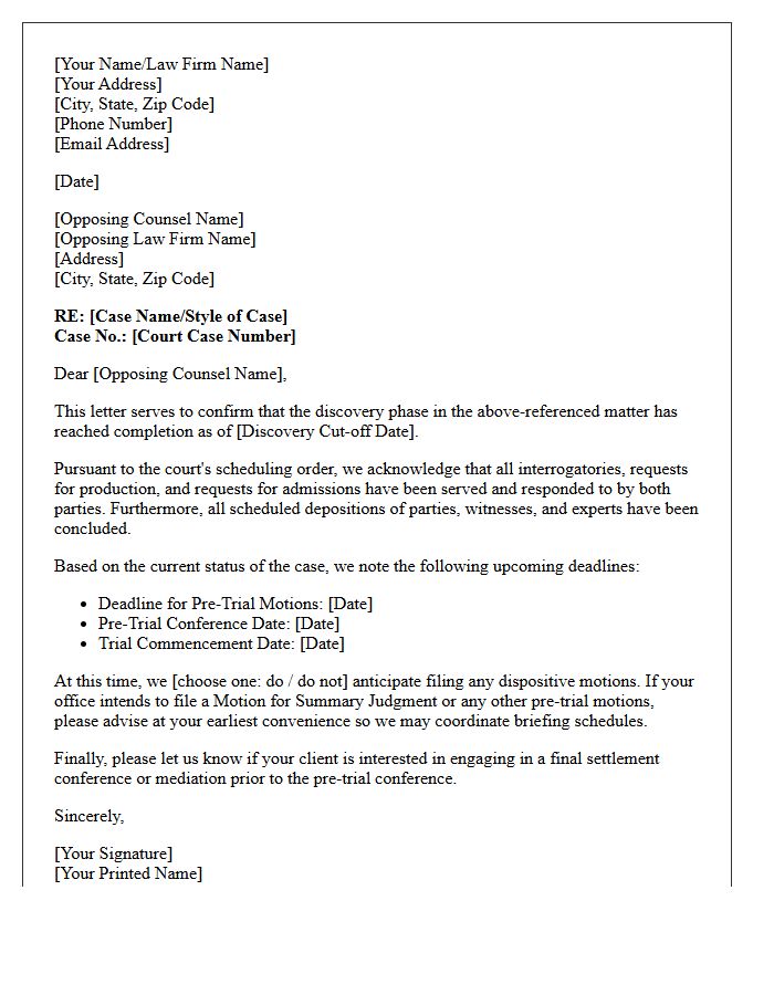 Discovery Phase Completion Pre-Trial Status Letter