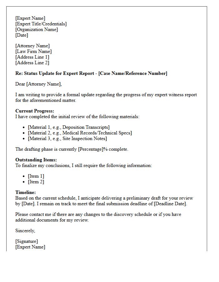 Expert Witness Report Preparation Status Letter