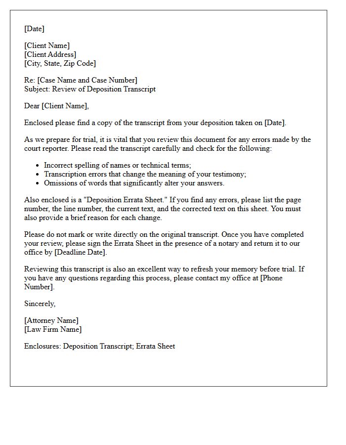 Deposition Transcript Review Pre-Trial Letter