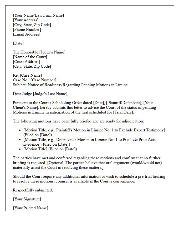 Pending Motions in Limine Readiness Letter