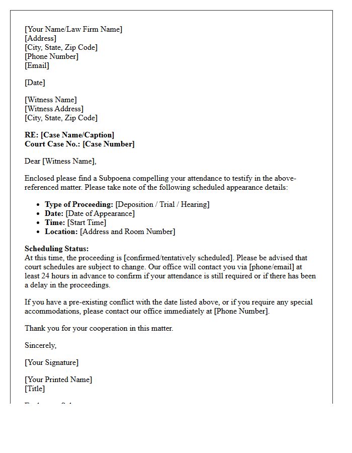 Witness Subpoena and Scheduling Status Letter