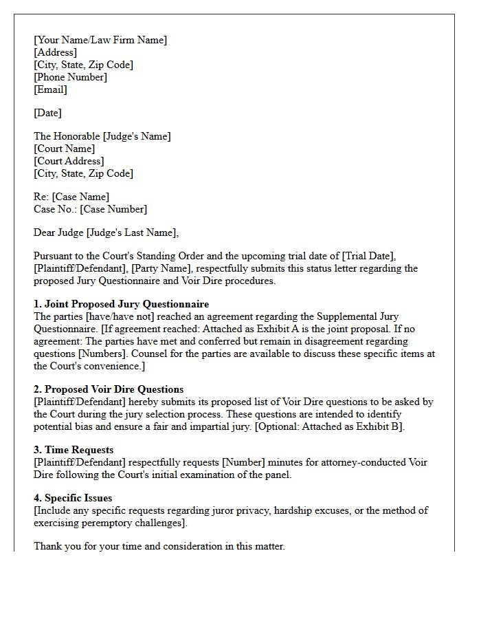 Jury Questionnaire and Voir Dire Status Letter