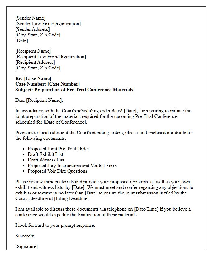 Pre-Trial Conference Document Preparation Letter