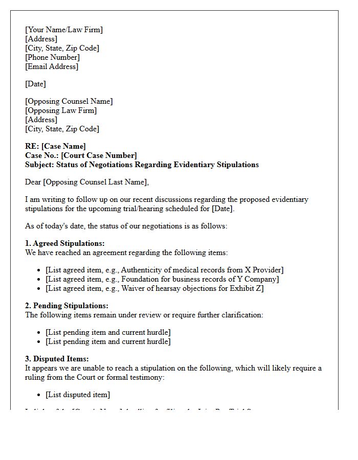Evidentiary Stipulations Negotiation Status Letter
