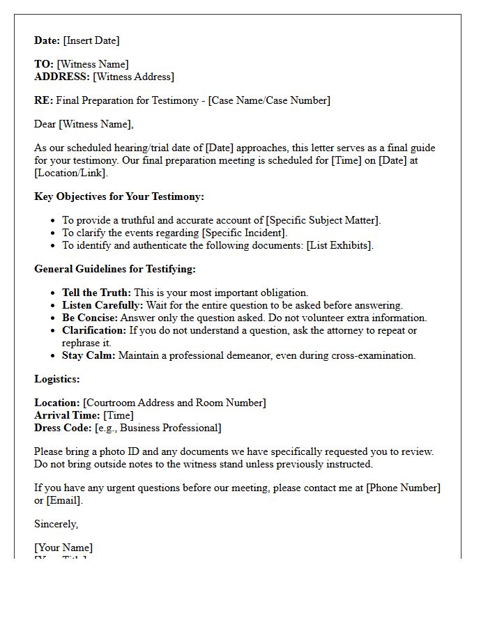 Final Witness Testimony Preparation Letter