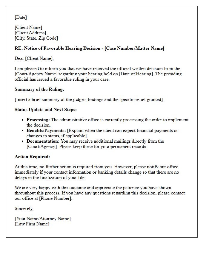 Post-Hearing Favorable Ruling Outcome and Status Update Letter