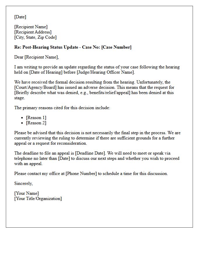 Adverse Decision Post-Hearing Status Update Letter
