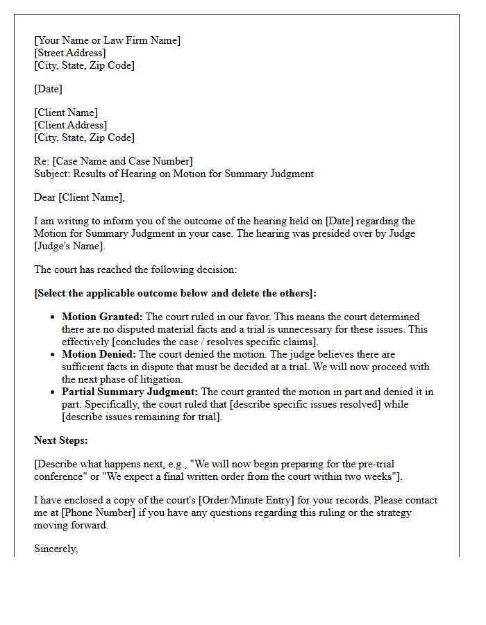 Motion for Summary Judgment Hearing Outcome Letter