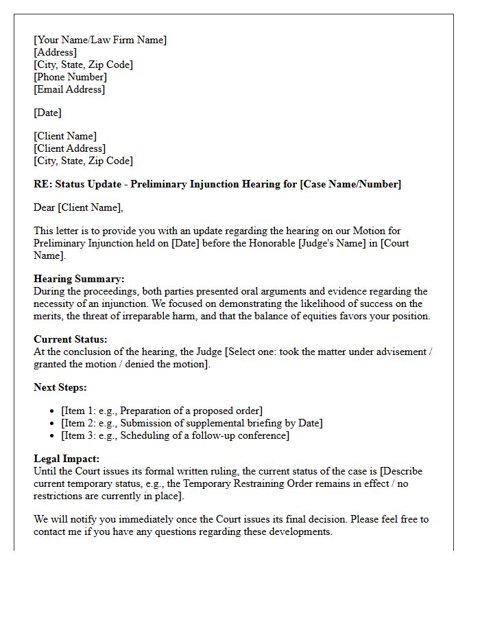 Preliminary Injunction Post-Hearing Status Update Letter