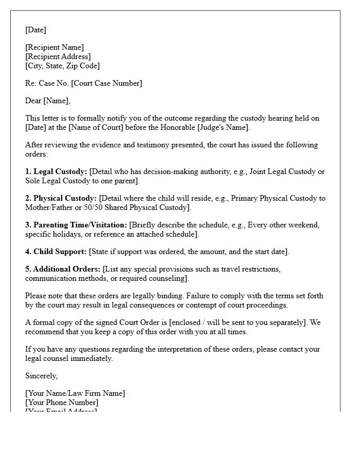 Family Court Custody Hearing Outcome Letter
