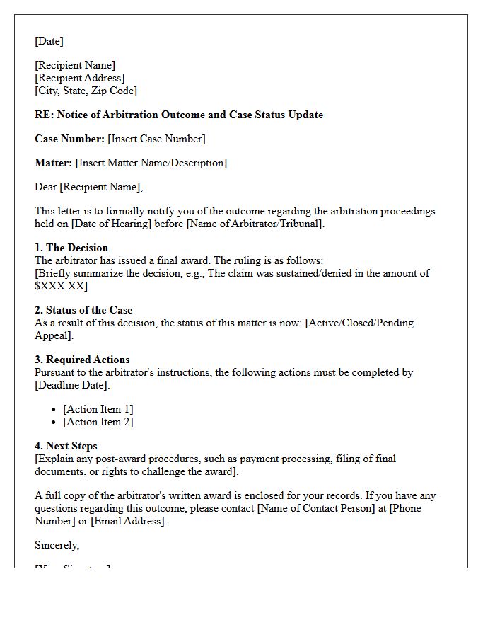 Arbitration Proceeding Outcome and Status Update Letter