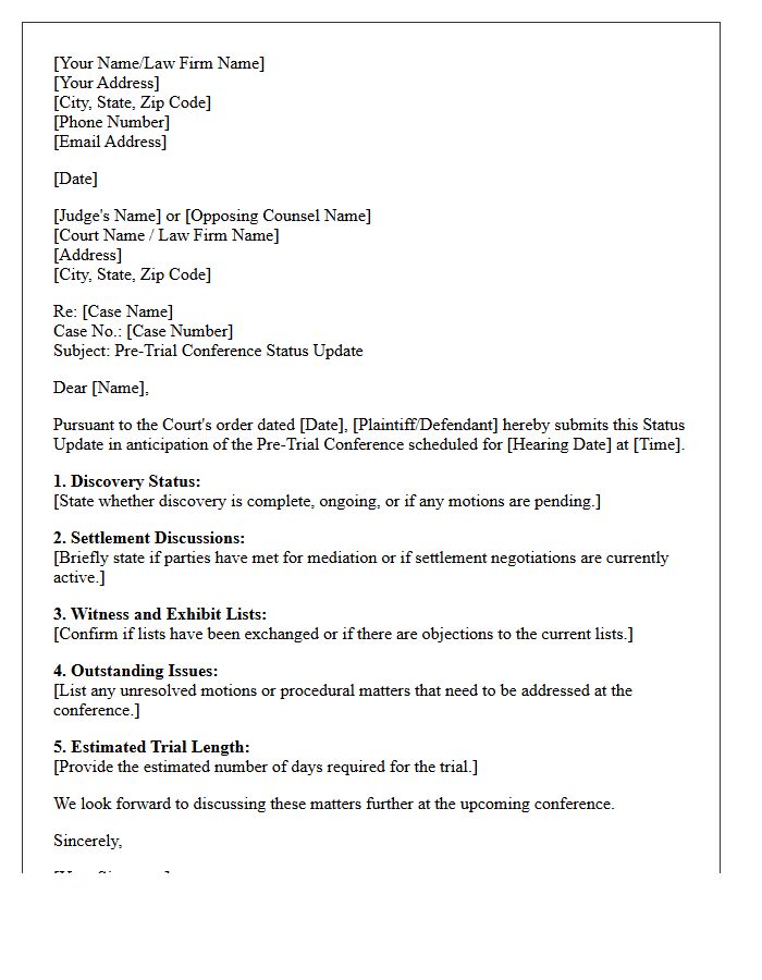 Pre-Trial Conference Hearing Status Update Letter