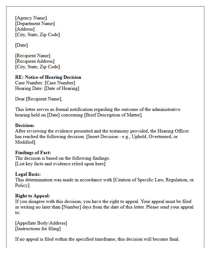 Administrative Agency Hearing Outcome Letter