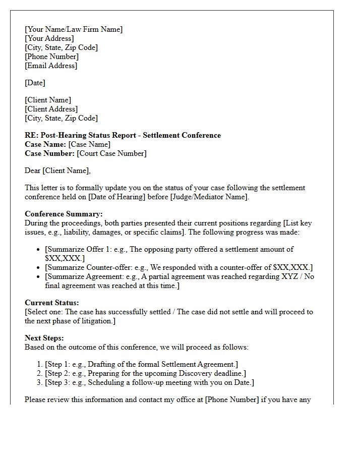 Settlement Conference Post-Hearing Status Letter