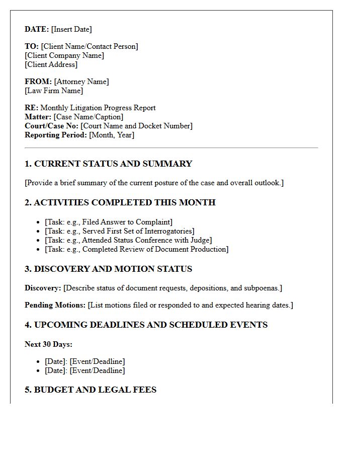 Standard Monthly Litigation Progress Report Letter