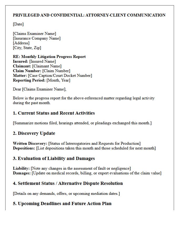 Insurance Defense Monthly Litigation Progress Report Letter