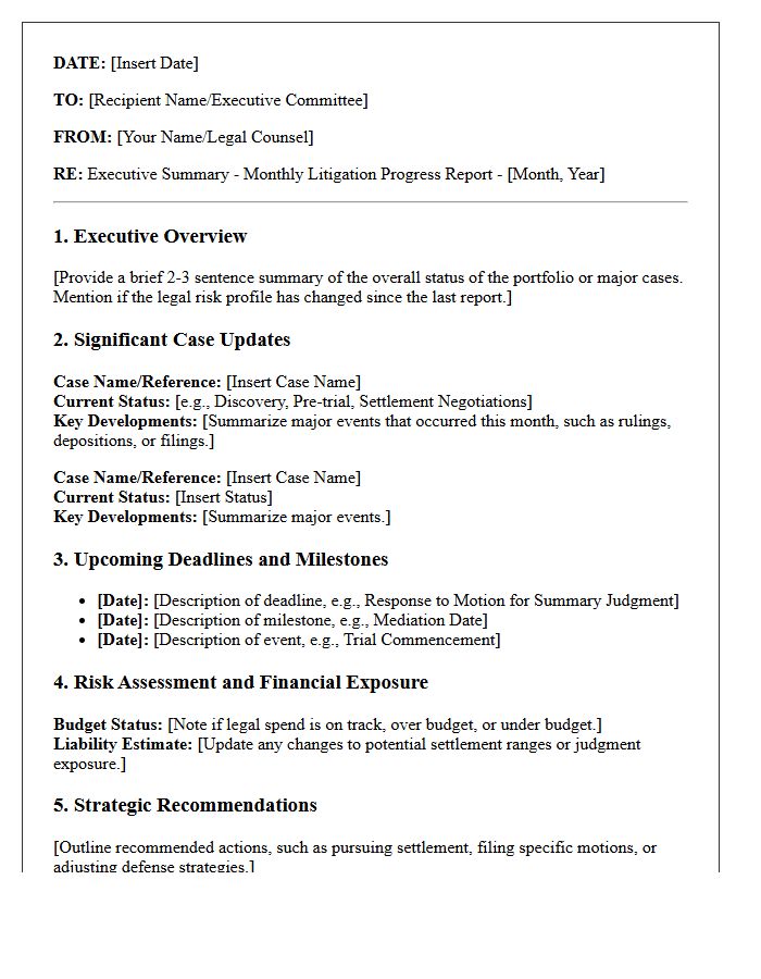 Executive Summary Monthly Litigation Progress Report Letter