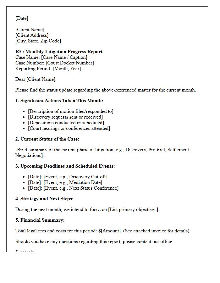 Civil Court Monthly Litigation Progress Report Letter