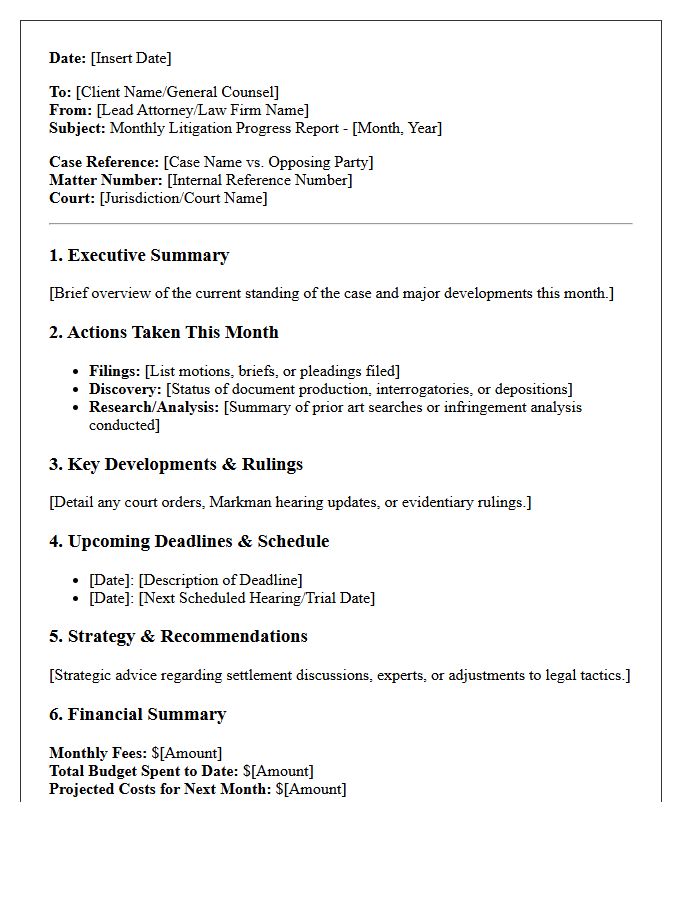 Intellectual Property Monthly Litigation Progress Report Letter