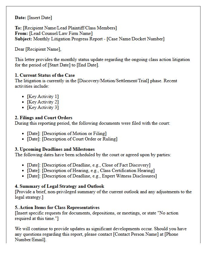 Class Action Monthly Litigation Progress Report Letter