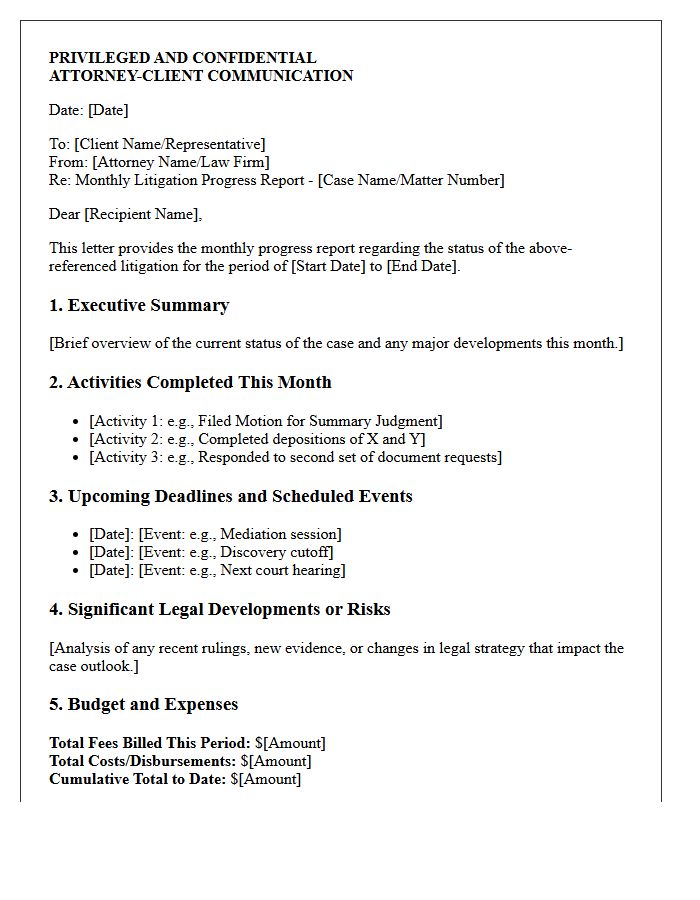 Confidential Monthly Litigation Progress Report Letter