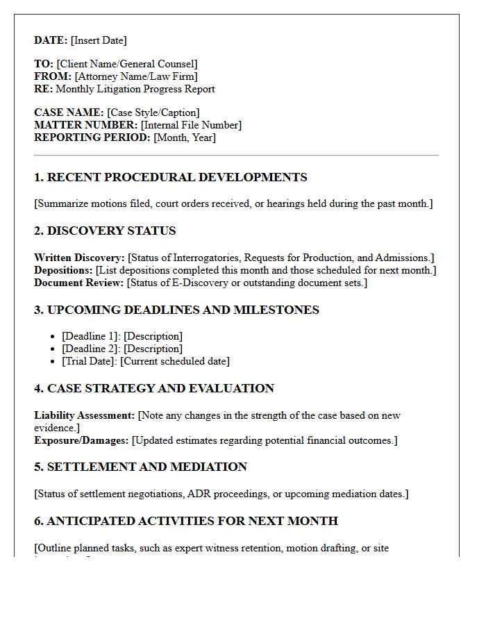 Pre-Trial Monthly Litigation Progress Report Letter