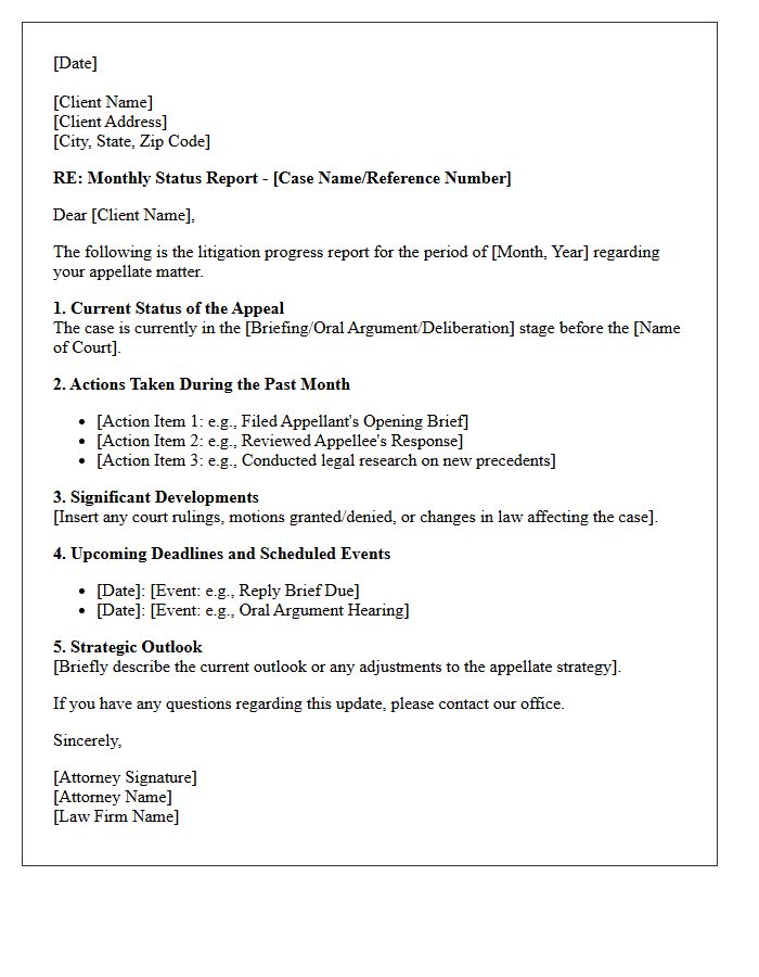 Appellate Monthly Litigation Progress Report Letter