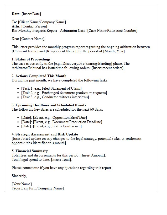 Arbitration Monthly Litigation Progress Report Letter
