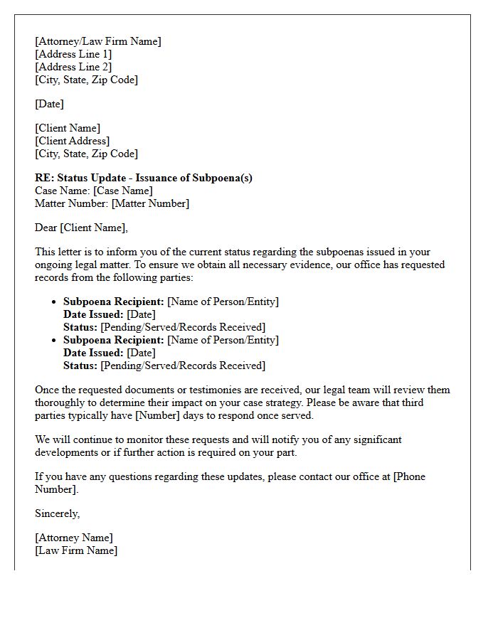 Client Subpoena Issuance Status Letter