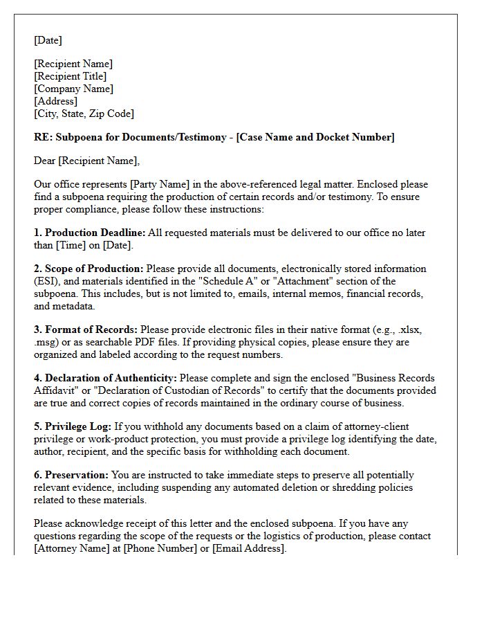 Third-Party Subpoena Compliance Instruction Letter