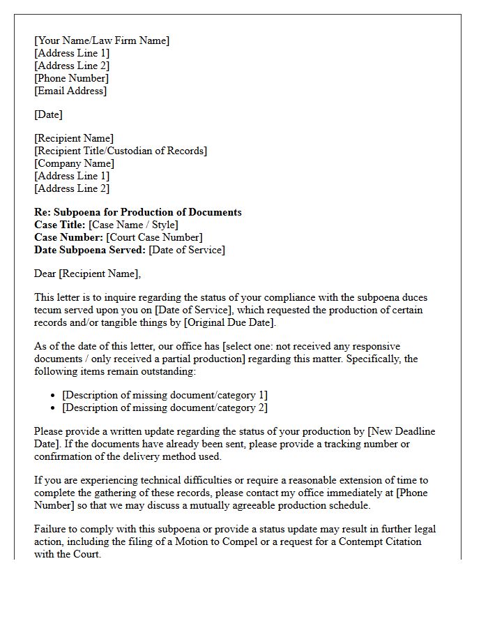 Subpoena Production and Compliance Status Letter