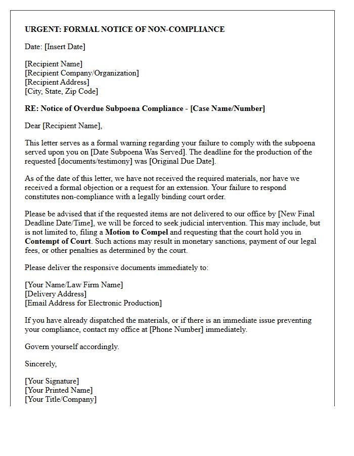 Overdue Subpoena Compliance Warning Letter
