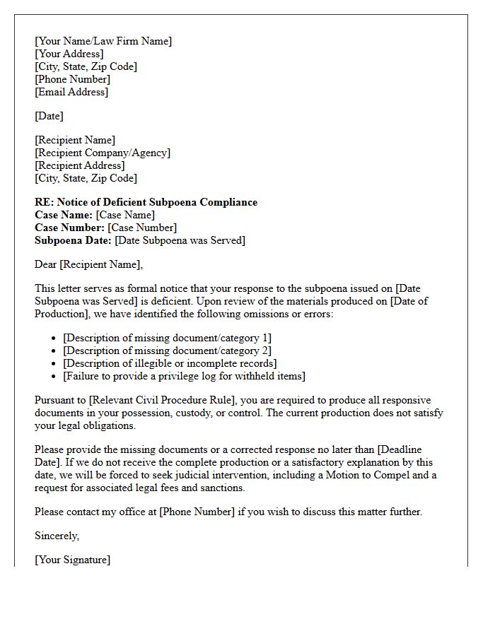 Deficient Subpoena Compliance Notice Letter