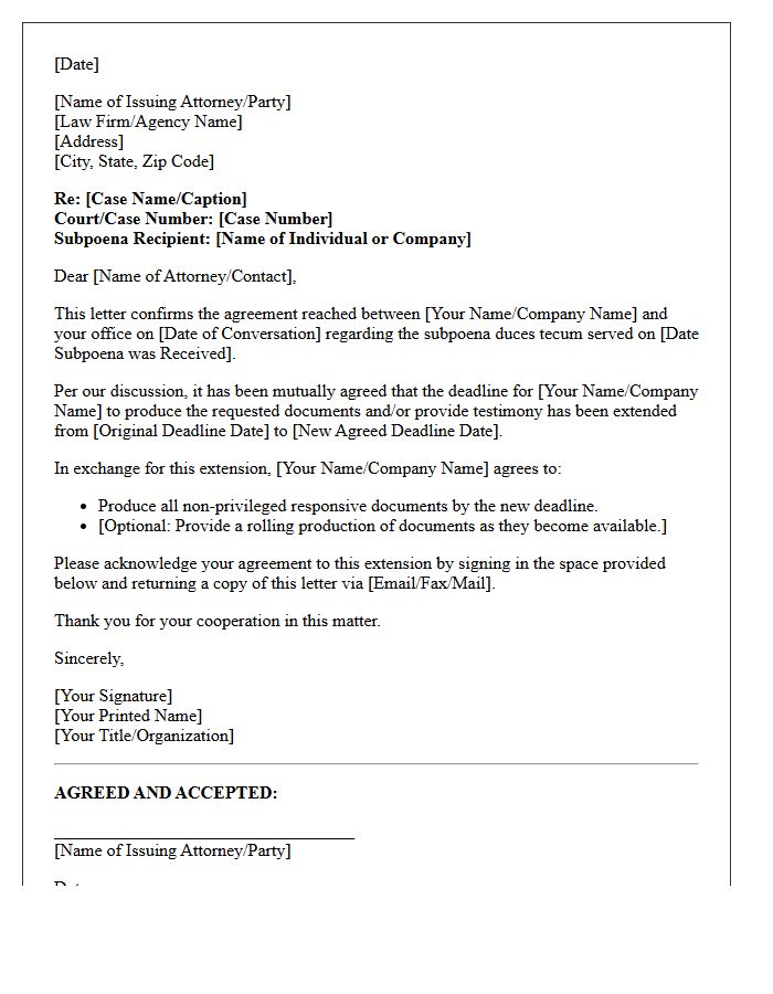 Subpoena Compliance Extension Agreement Letter