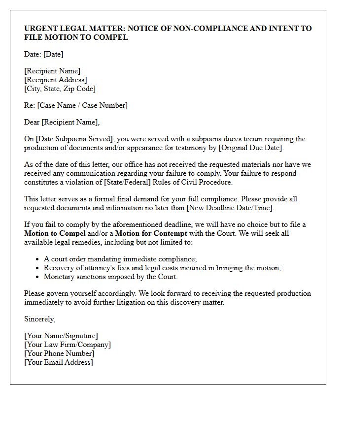 Subpoena Non-Compliance and Motion Threat Letter