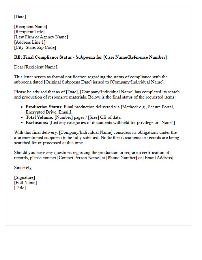 Final Subpoena Compliance Status Letter