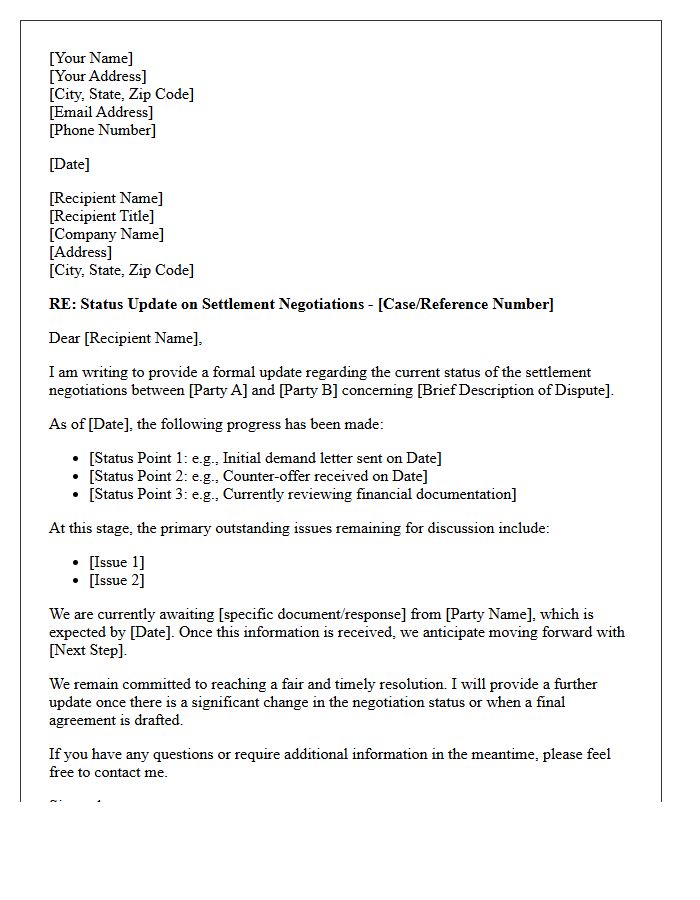 Settlement Negotiation Status Update Letter