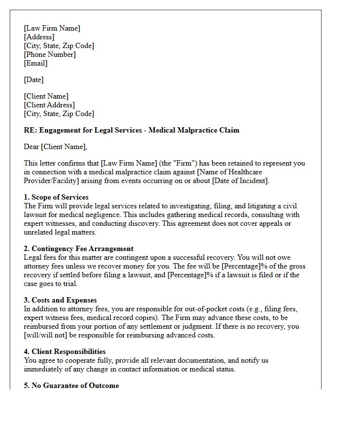 Medical Malpractice Civil Litigation Engagement Letter